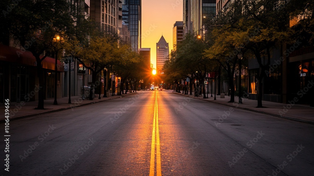 Sunrise on a deserted city street with double yellow lines. Sunrise on a deserted city street with double yellow lines.
