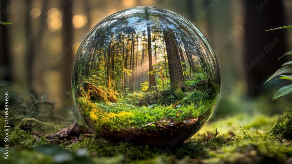 Crystal ball reflecting forest scene. Crystal ball reflecting forest scene.