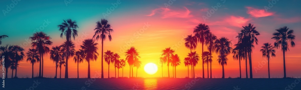 Palm trees are silhouetted against a sunset sky with a beach Palm trees are silhouetted against a sunset sky with a beach