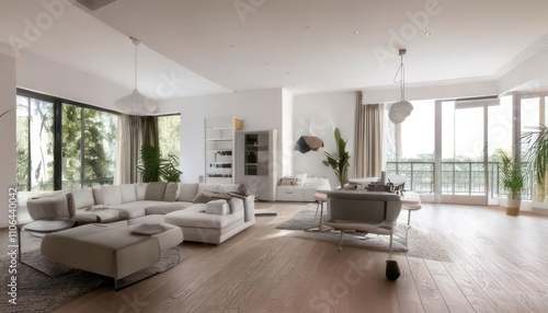 Elegant White Apartment Interior in Wide-Angle View 3D Rendering