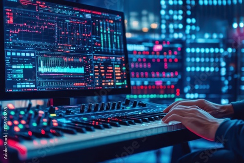 A professional musician producing electronic beats on stateoftheart equipment in a futuristic studio front view expressing creativity technology tone Vivid