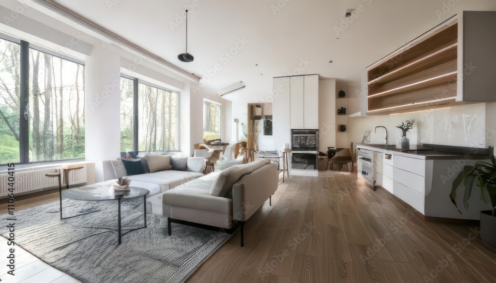 Fototapeta premium Elegant White Apartment Interior in Wide-Angle View 3D Rendering