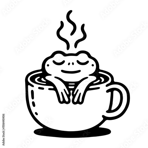 frog relaxing in a cup of hot beverage, funny illustration