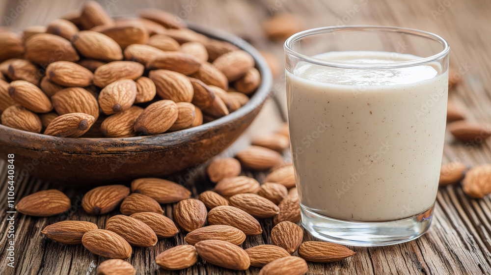 glass of creamy almond shake sits beside bowl of whole almonds on rustic wooden table, creating warm and inviting scene glass of creamy almond shake sits beside bowl of whole almonds on rustic wooden table, creating warm and inviting scene