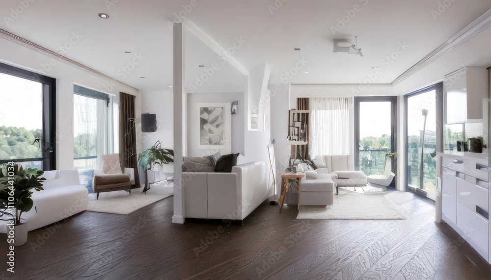 Elegant White Apartment Interior in Wide-Angle View 3D Rendering Elegant White Apartment Interior in Wide-Angle View 3D Rendering