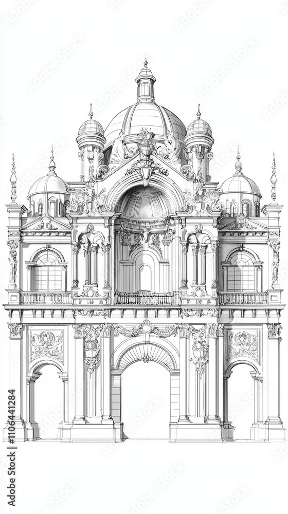 Architectural Elegance: Neoclassical Grand Palace Illustration on Aged Paper Architectural Elegance: Neoclassical Grand Palace Illustration on Aged Paper