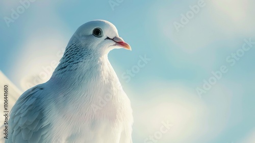 Serene white dove perched gracefully against a soft blue sky, symbolizing peace and tranquility. Perfect for nature and wildlife themes. photo