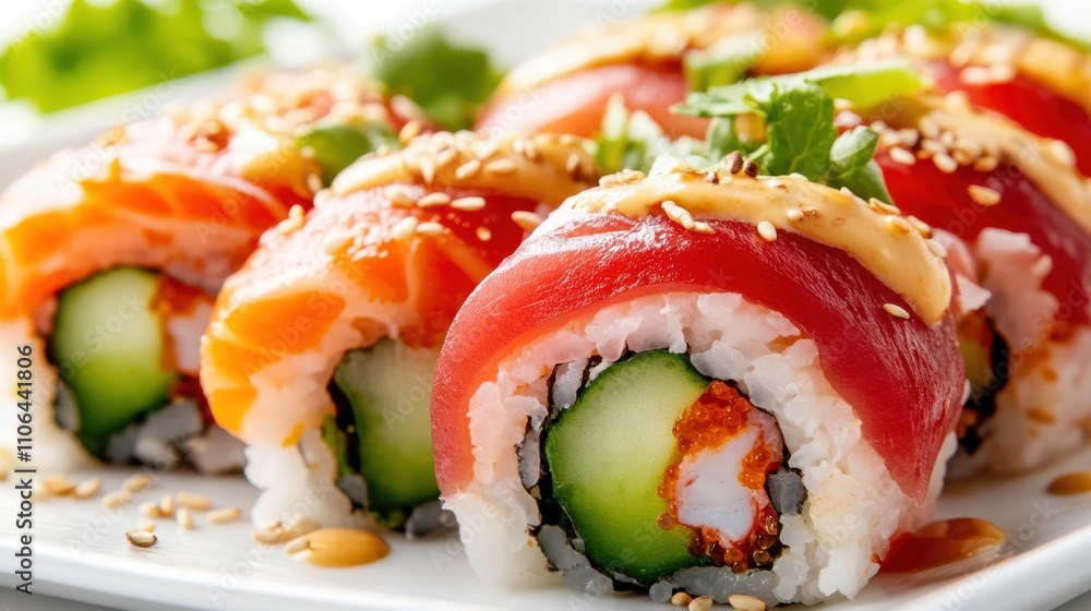 Vibrant Gourmet Sushi Rolls Artfully Arranged With Fresh Ingredients and Garnished in a Studio Setting Vibrant Gourmet Sushi Rolls Artfully Arranged With Fresh Ingredients and Garnished in a Studio Setting