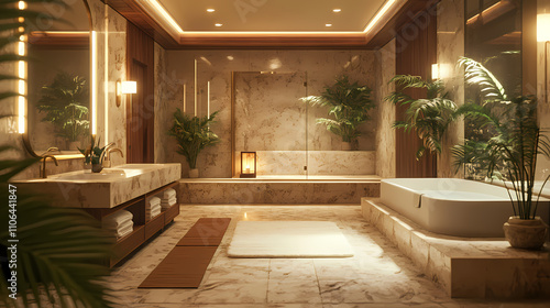 A luxurious spa-inspired bathroom with a freestanding bathtub, large mirrors, soft indirect lighting, wooden and marble textures, indoor plants for a natural touch, and an open shower area, serene and photo