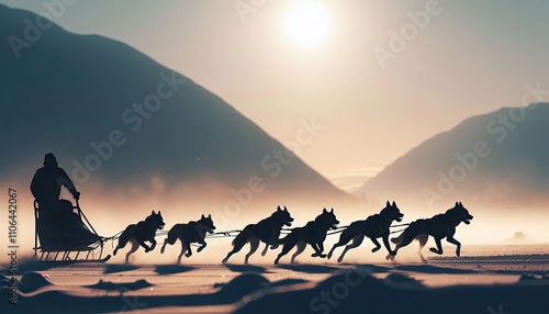 A silhouette of a dog sled team racing across the snow, silhouette, action photography, aesthetics,