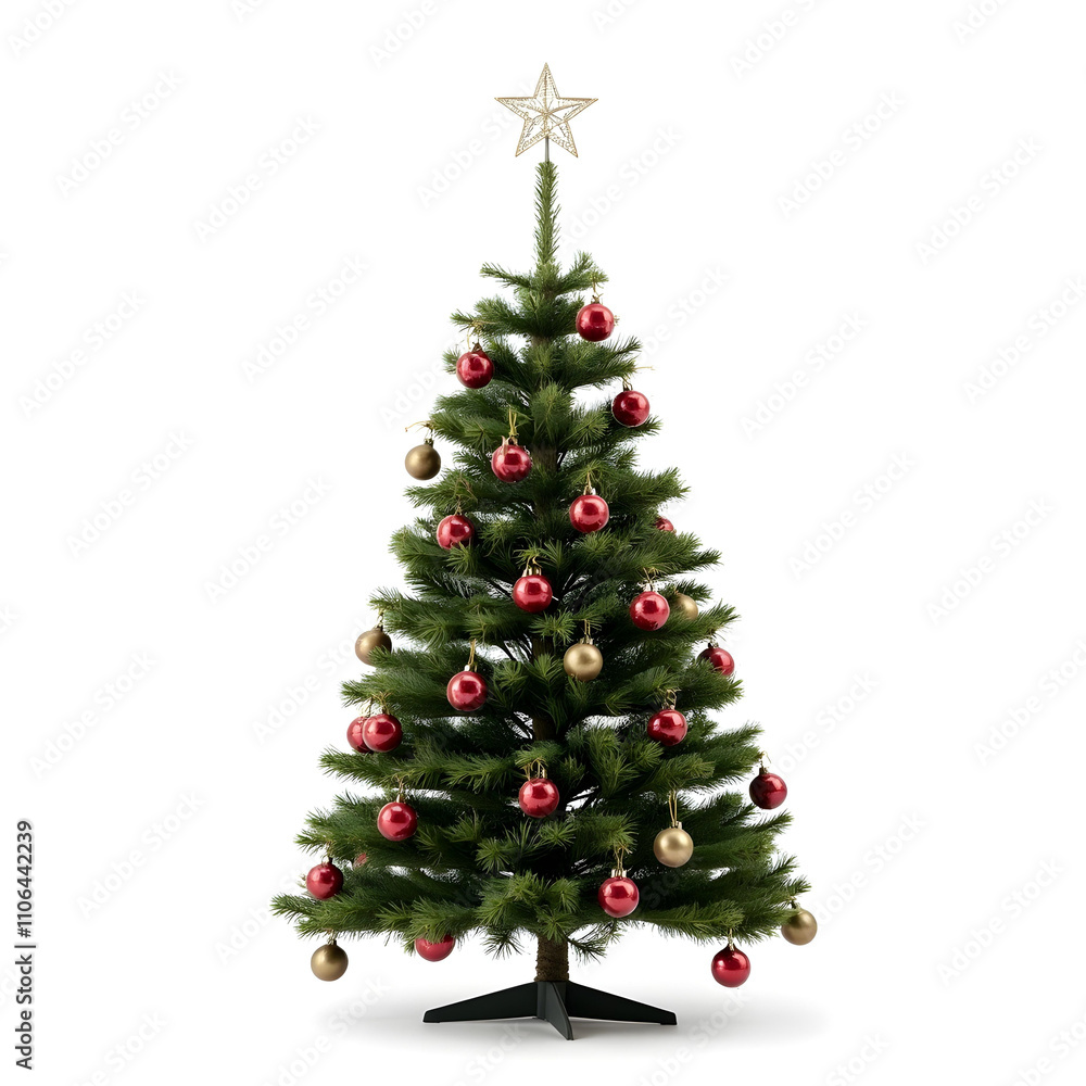A decorated Christmas tree with ornaments on a white background A decorated Christmas tree with ornaments on a white background