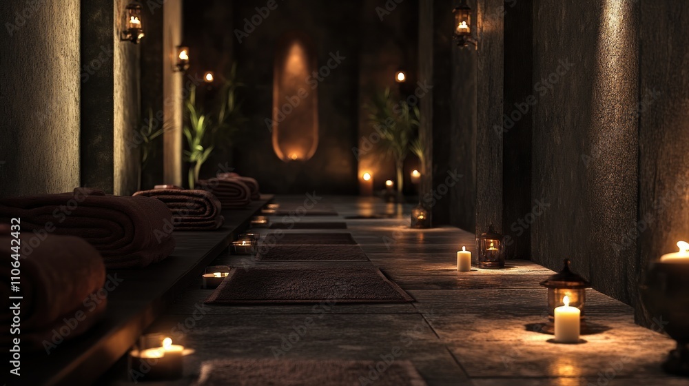 Fototapeta premium Serene Spa Corridor with Dim Lighting and Rolled Towels