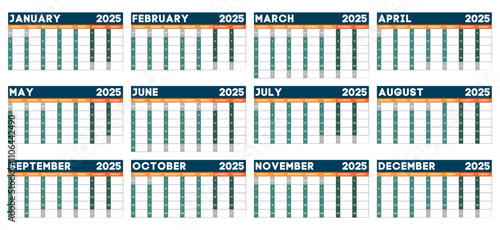 Calendar 2025. Calendar design template. English calender. Сolor vector. Week starts on Monday