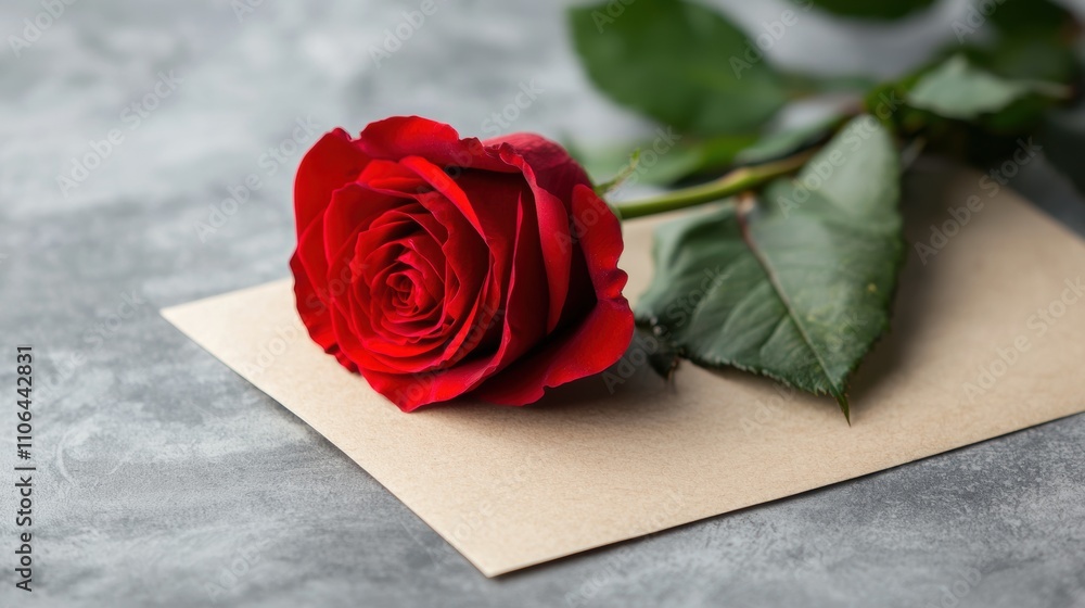 Single red rose placed on a kraft paper envelope against a gray concrete surface Single red rose placed on a kraft paper envelope against a gray concrete surface