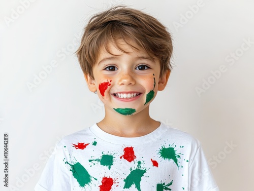 Portrait of a cheerful young boy with multicolored hand painted designs on his white shirt and face representing playful creativity and childhood joy photo