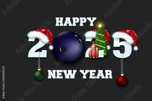 Happy new year. 2025 with bowling ball. Numbers in Christmas hats with skittles and Christmas tree ball. Original template design for greeting card. Vector illustration on isolated background