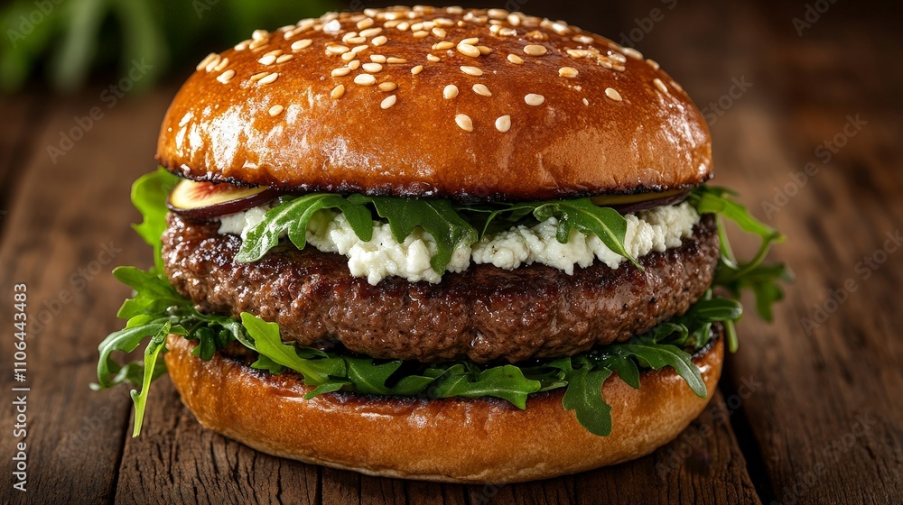 A delicious burger with sesame seed bun, beef patty, and fresh arugula. A delicious burger with sesame seed bun, beef patty, and fresh arugula.