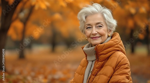 Elegant senior woman in autumn park with colorful leaves and warm jacket