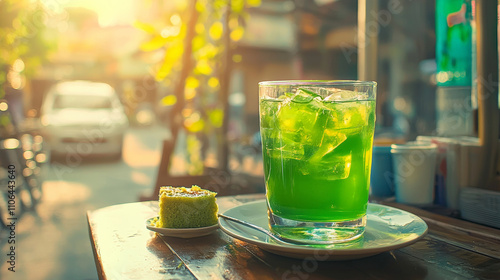 Fototapeta Naklejka Na Ścianę i Meble -  refreshing iced green tea lemonade sits on wooden table, accompanied by small cake, with sunlit street view in background
