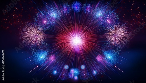 A black background with blue, purple, and red fireworks forming a circular pattern