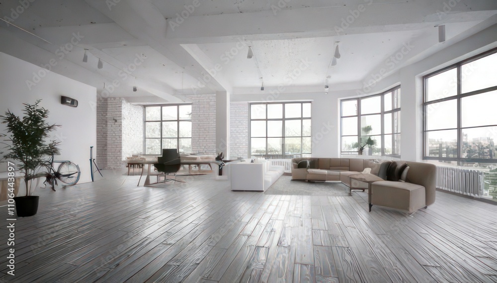 Modern White Loft with Wide-Angle View 3D Interior Rendering Modern White Loft with Wide-Angle View 3D Interior Rendering