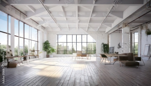 Modern White Loft with Wide-Angle View 3D Interior Rendering