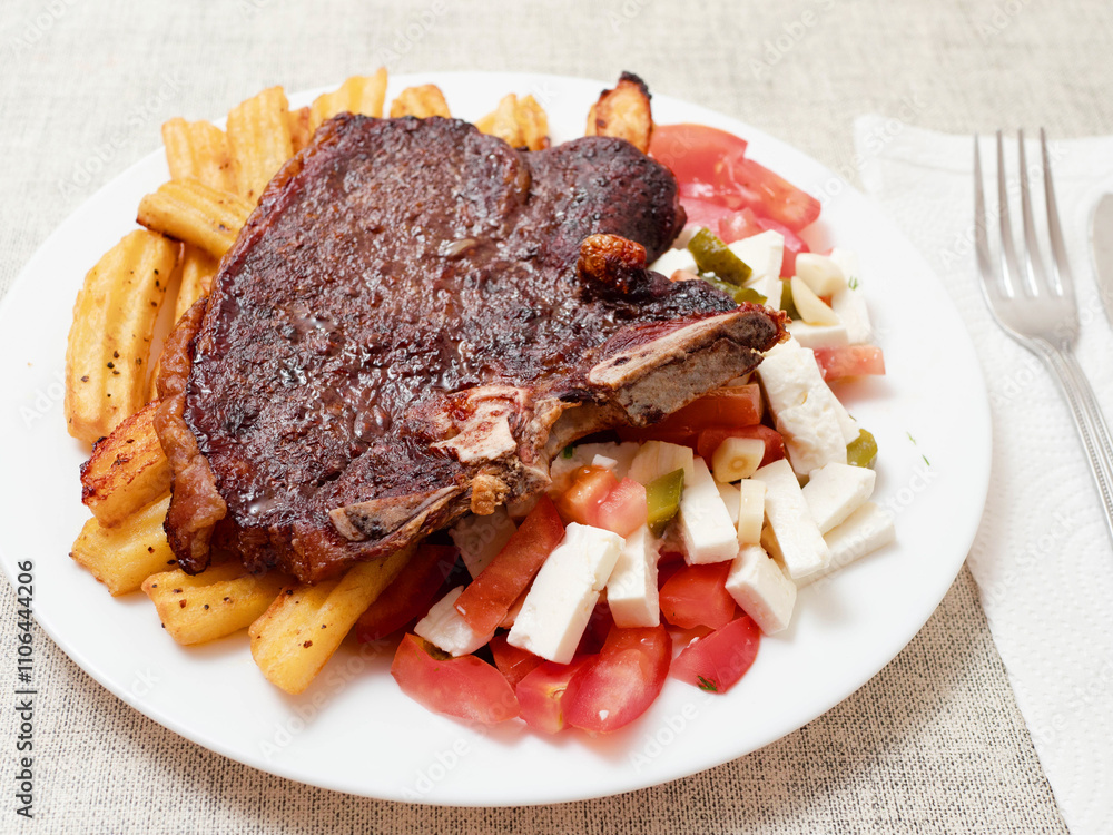 Dinner with premium t bone steak, fried potatoes chips with ridge, fresh salad with feta cheese on white plate and light color table cloth. Large portion of food with high quality products. Dinner with premium t bone steak, fried potatoes chips with ridge, fresh salad with feta cheese on white plate and light color table cloth. Large portion of food with high quality products.