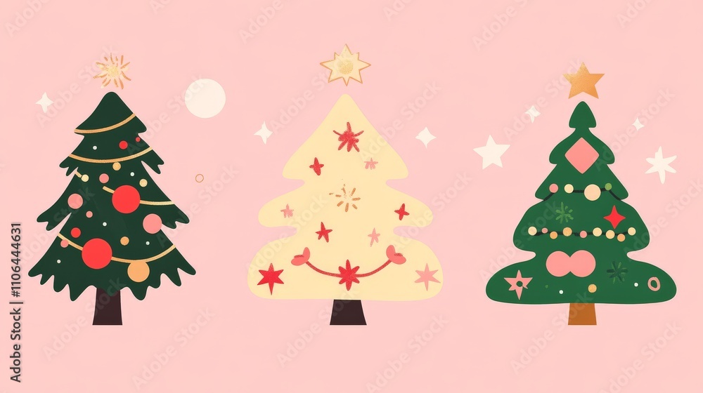 Charming collection of retro style Christmas trees with vibrant pastel decorations on a pink background, celebrating nostalgic and playful holiday aesthetics Charming collection of retro style Christmas trees with vibrant pastel decorations on a pink background, celebrating nostalgic and playful holiday aesthetics