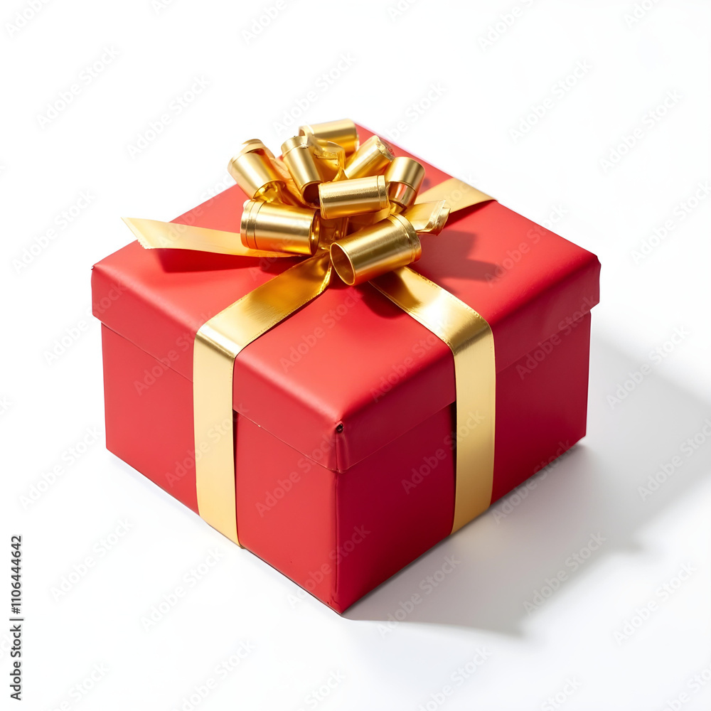 A gift box wrapped in red and gold paper on a white background A gift box wrapped in red and gold paper on a white background