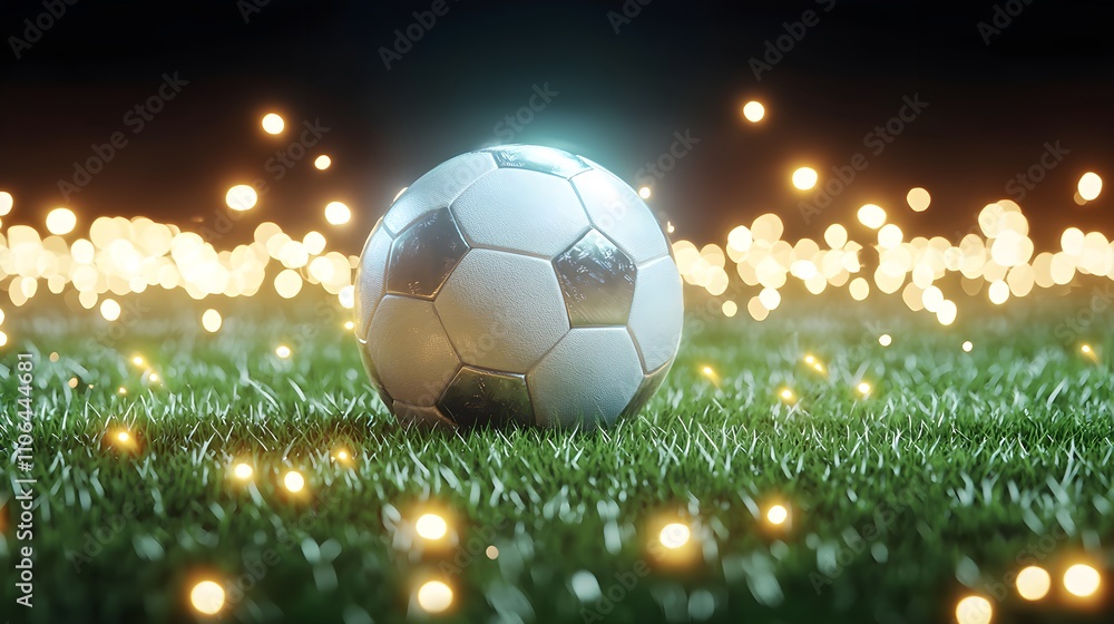 Fototapeta premium Close-up of soccer ball on line, lush green grass, stadium lights reflecting on ball, crowd slightly blurred, cinematic glow, realistic textures