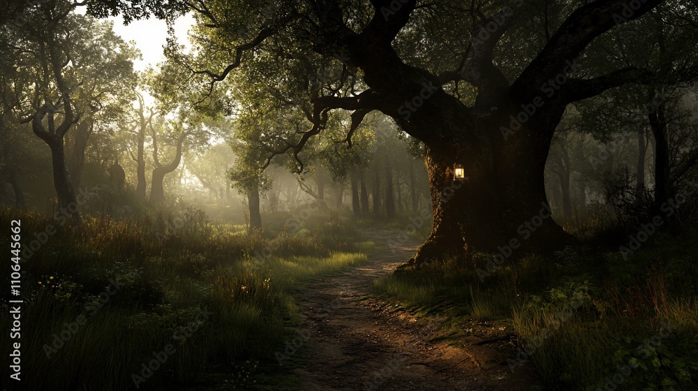 Mystical forest path at sunrise, sunlight through trees, fog, dirt road, ancient tree with small window. Mystical forest path at sunrise, sunlight through trees, fog, dirt road, ancient tree with small window.