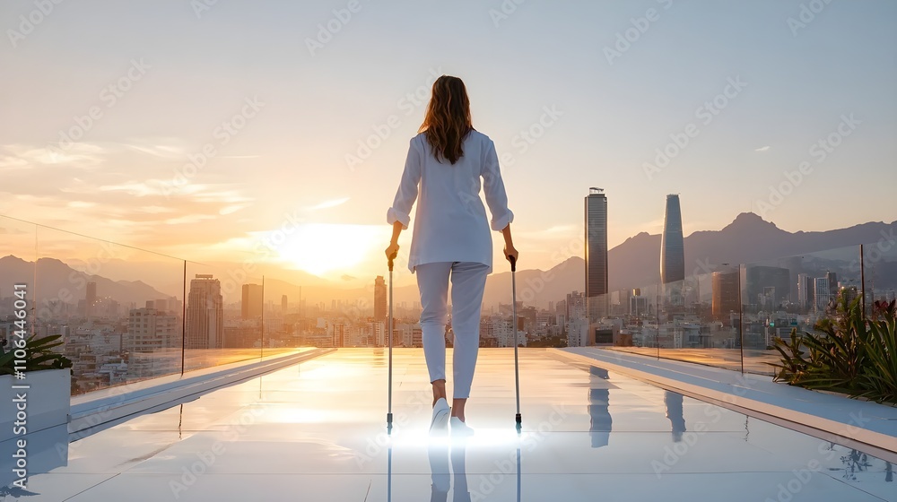 Young woman on a hospital rooftop garden with walker cane, healing energy around her, the cityscape in the background, calm yet focused Young woman on a hospital rooftop garden with walker cane, healing energy around her, the cityscape in the background, calm yet focused