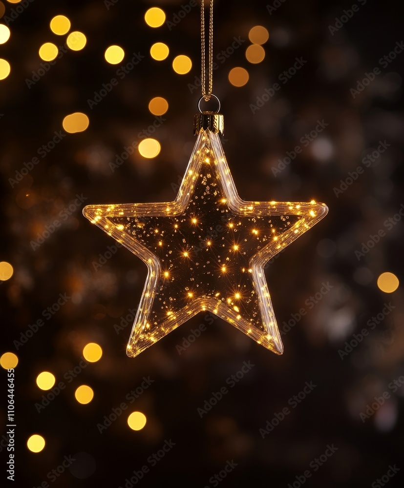 A shimmering star decoration dangles from a delicate string, illuminated by twinkling lights that create a warm, festive glow for the holiday season. A shimmering star decoration dangles from a delicate string, illuminated by twinkling lights that create a warm, festive glow for the holiday season.