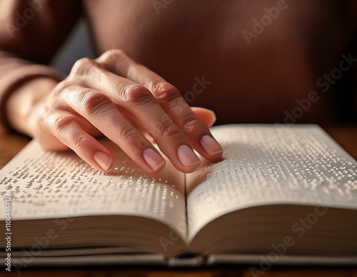 A close-up of hands gently reading a Braille book. The textured dots on the page are clearly visible, symbolizing the power of tactile literacy and the importance of accessible education. The atmosphe photo