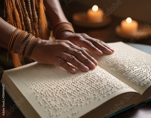 A close-up of hands gently reading a Braille book. The textured dots on the page are clearly visible, symbolizing the power of tactile literacy and the importance of accessible education. The atmosphe photo