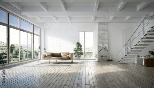 Modern White Loft with Wide-Angle View 3D Interior Rendering