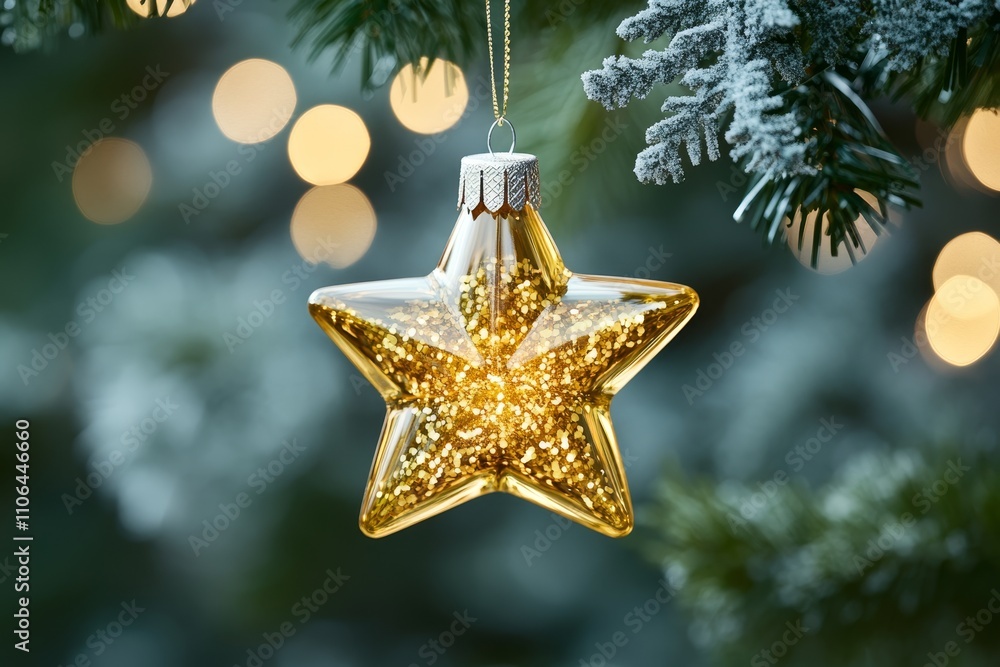 A shimmering gold star ornament dangles gracefully from a lush green Christmas tree, radiating festive cheer and holiday spirit. A shimmering gold star ornament dangles gracefully from a lush green Christmas tree, radiating festive cheer and holiday spirit.