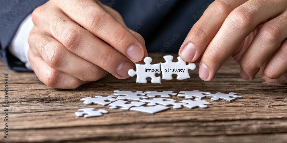 A person is assembling a puzzle, holding two pieces that connect on a wooden table, symbolizing problem-solving and strategy. A person is assembling a puzzle, holding two pieces that connect on a wooden table, symbolizing problem-solving and strategy.