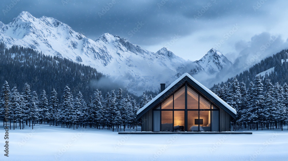 Cozy Winter Cabin in Snowy Mountains Landscape Cozy Winter Cabin in Snowy Mountains Landscape