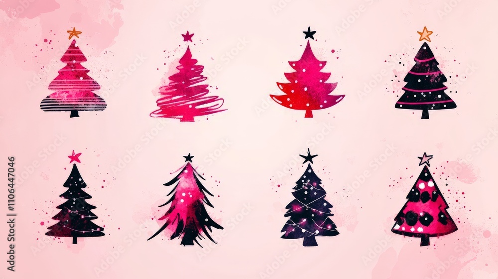Obraz premium Modern artistic collection of pink and magenta abstract Christmas tree sketches on a textured background, emphasizing bold creativity and vibrant holiday aesthetics for unique decorations