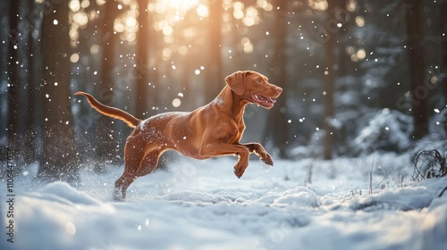 A Happy Dog Leaping Through the Snow