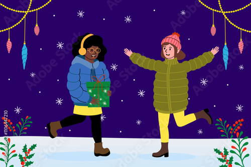 Friends enjoying a festive winter celebration with gifts and decorations in a snowy landscape