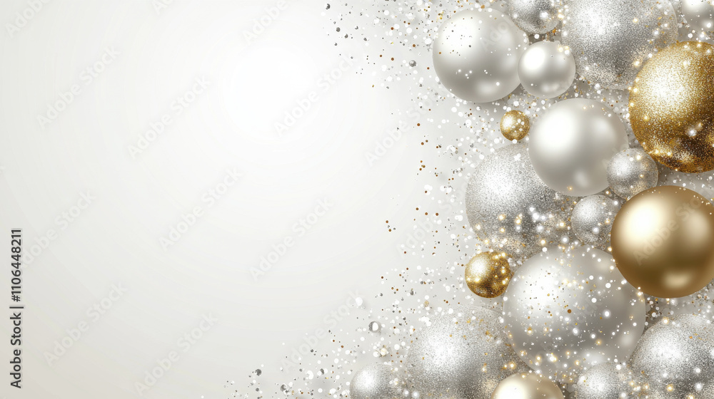 Elegant Christmas background with golden, silver, and white ornaments, creating festive atmosphere filled with sparkle and joy. Perfect for holiday celebrations Elegant Christmas background with golden, silver, and white ornaments, creating festive atmosphere filled with sparkle and joy. Perfect for holiday celebrations