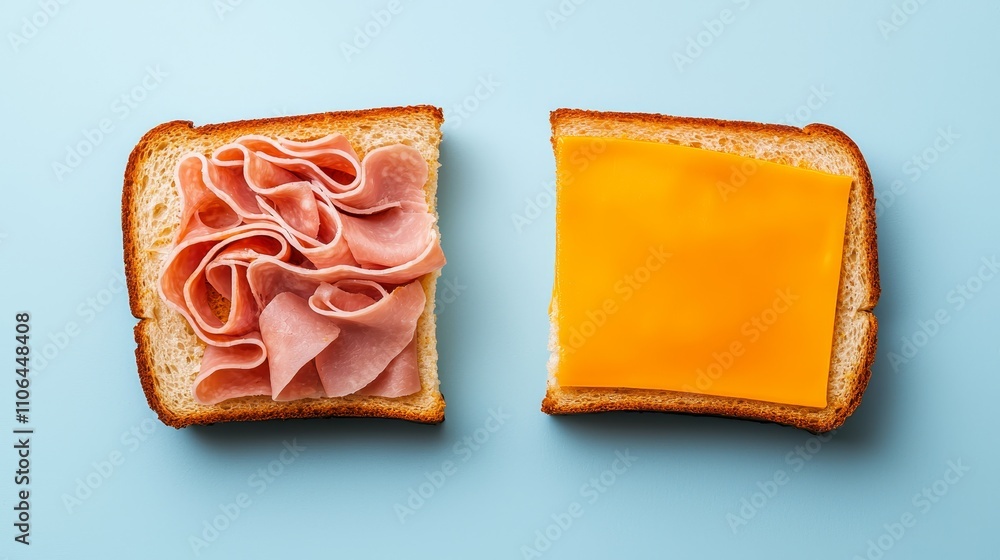 Close-up of classic toasted sandwich, golden-brown bread with melted cheese and ham, cross-section view, isolated on white background Close-up of classic toasted sandwich, golden-brown bread with melted cheese and ham, cross-section view, isolated on white background