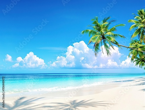 A serene sandy tropical beach with palm trees swaying gently in the breeze and a turquoise ocean stretching into the horizon, ocean, tree