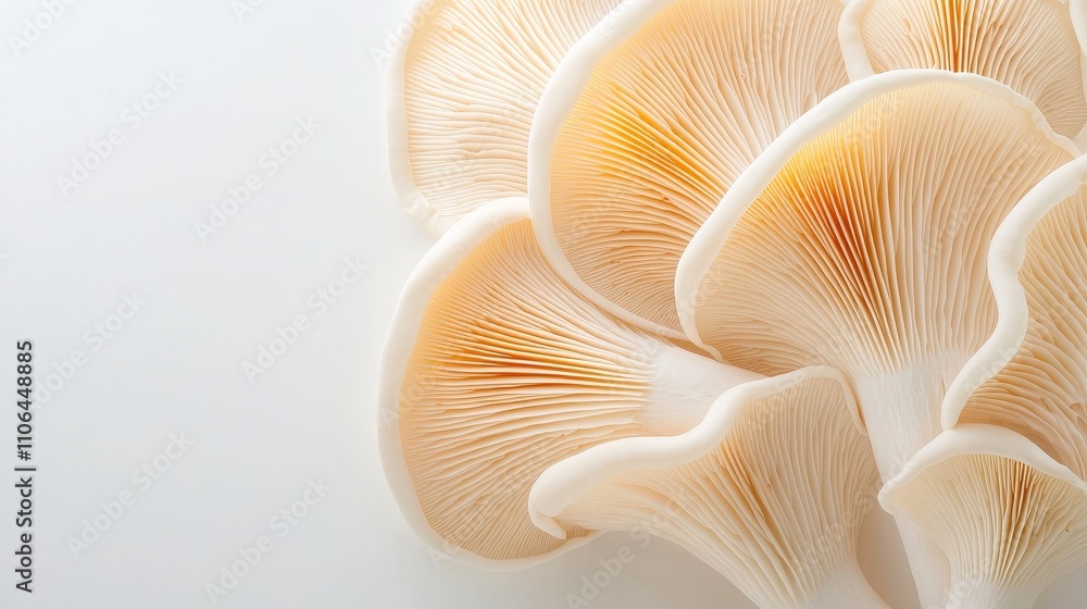 Close-up of champignon mushroom gills, isolated on a clean white background, intricate detail with soft shadowing for a professional look
