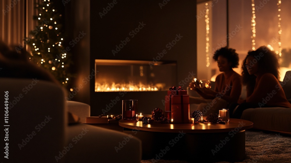 Two women exchanging gifts by a fireplace on Christmas eve. Two women exchanging gifts by a fireplace on Christmas eve.