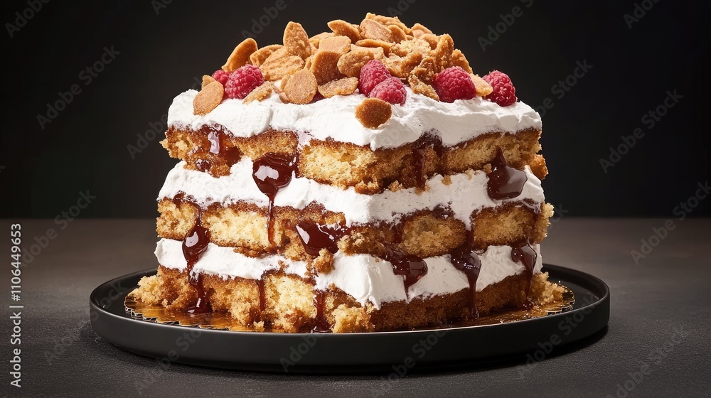 A stunning cake slice with fluffy sponge, creamy frosting, and bright orange slices showcases true culinary artistry