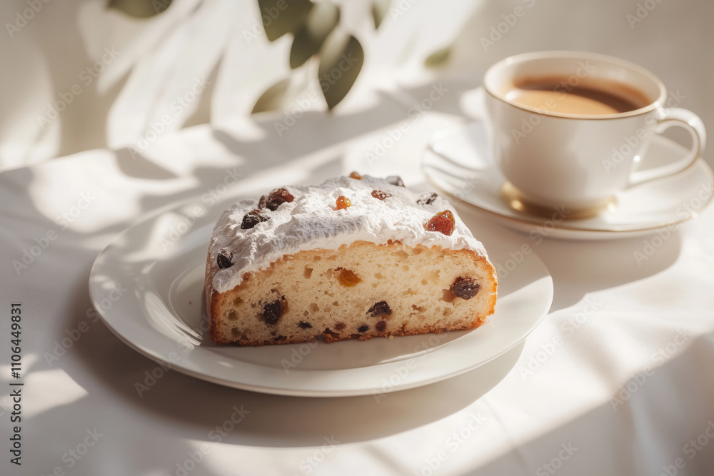 Close up of a tradition German Christmas stollen cake served on a white plate with a cup of coffee