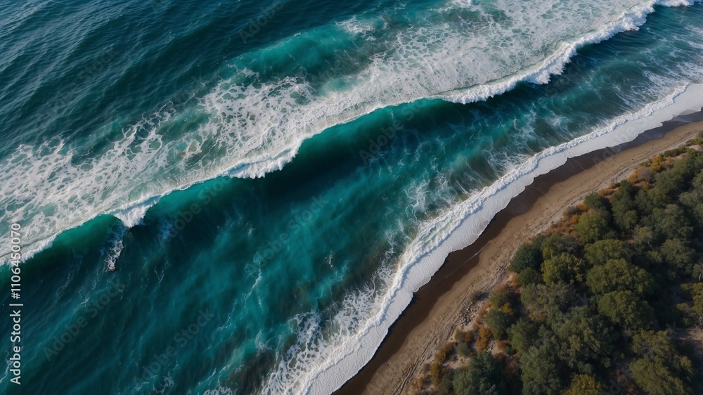 Fototapeta premium Aerial View of Waves Crashing on a Sandy Beach